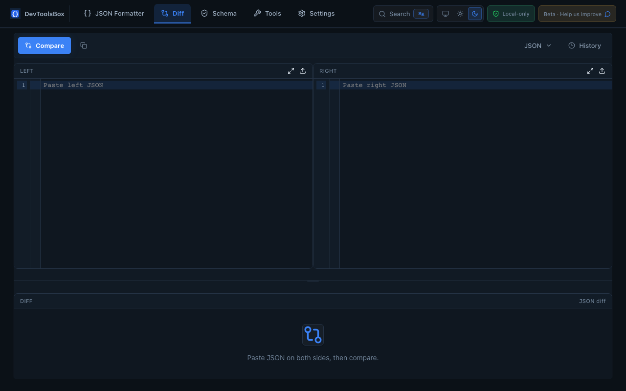 DevToolsBox Diff comparing two JSON payloads side by side with highlighted changes
