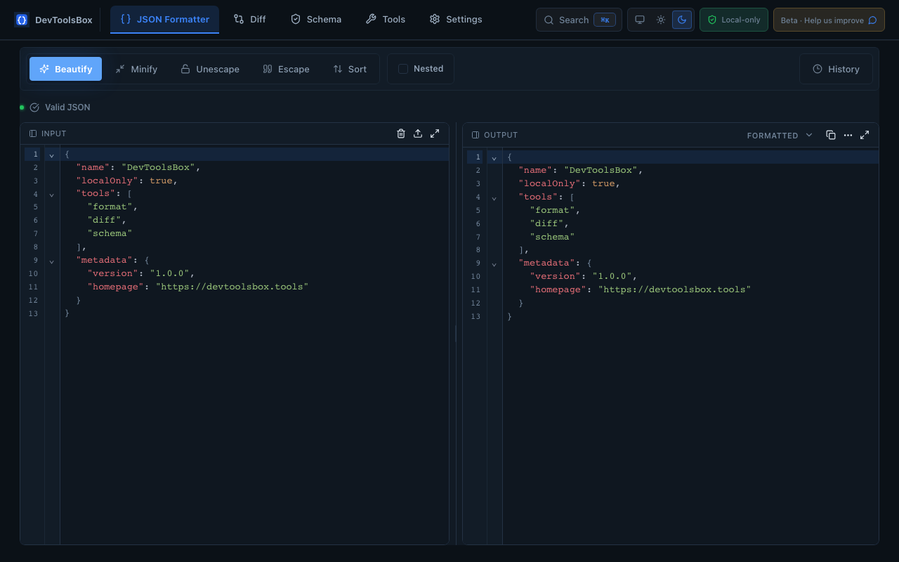 DevToolsBox JSON Formatter showing beautified JSON in a split input and output editor