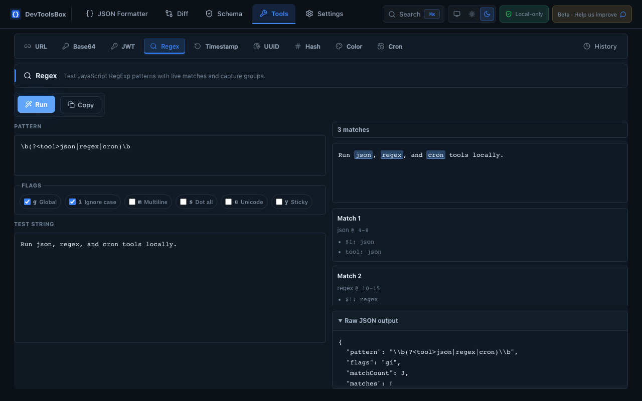 DevToolsBox regex tester showing matches and capture groups
